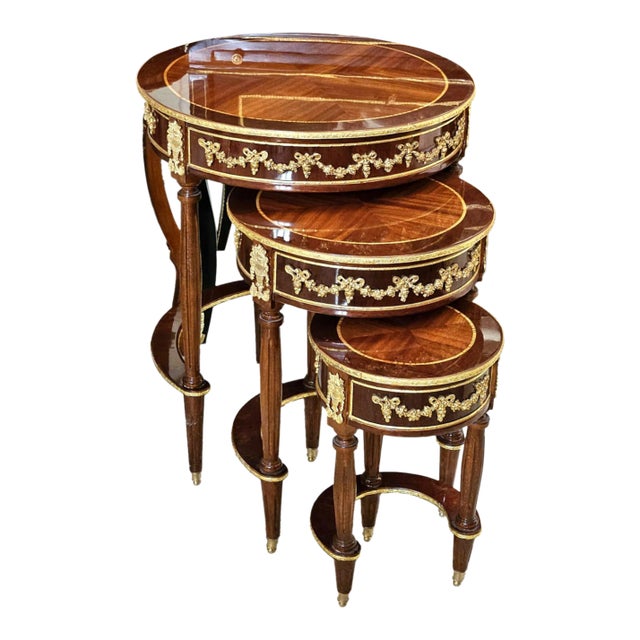 French Nesting Side Tables Set of 3 With Hand-Gilded Gold Leaf Details & Solid Wood Construction For Sale