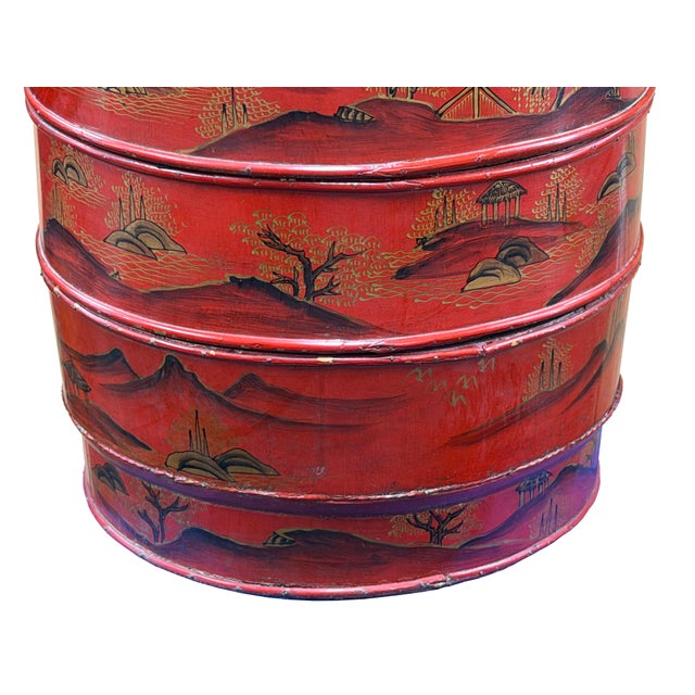 Brick Red Vintage Chinese Red Golden Scenery Graphic Round Wood Stack Basket Table For Sale - Image 8 of 12