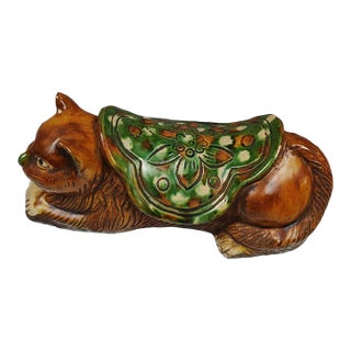 Vintage Chinese Sancai Glazed Ceramic Cat Pillow (Headrest) - 1950s For Sale