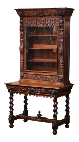 Mid-19th Century French Louis XIII Heavily Carved Oak Secretary Bookcase Desk
