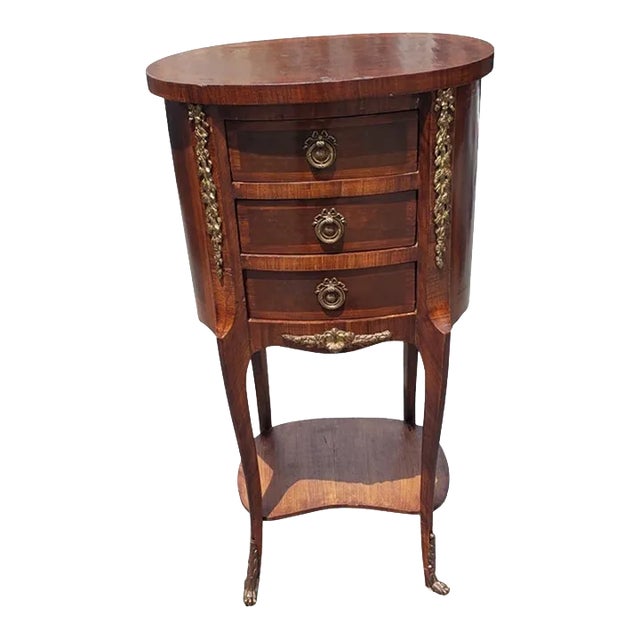 French Louis XV Style Brass Ormolu Mahogany 2-Tier 3-Drawer Oval Side Table For Sale