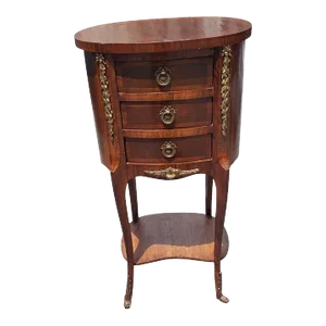 French Louis XV Style Brass Ormolu Mahogany 2-Tier 3-Drawer Oval Side Table