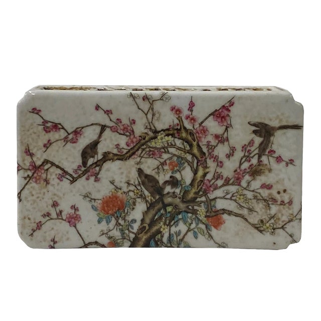 Chinese Off White Porcelain Pink Flower Rectangular Display Paperweight For Sale