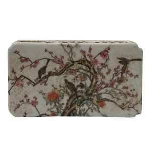 Chinese Off White Porcelain Pink Flower Rectangular Display Paperweight