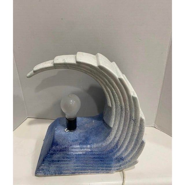 1980s Art Deco Revival Blue and White Ceramic Wave Lamps For Sale In Los Angeles - Image 6 of 6
