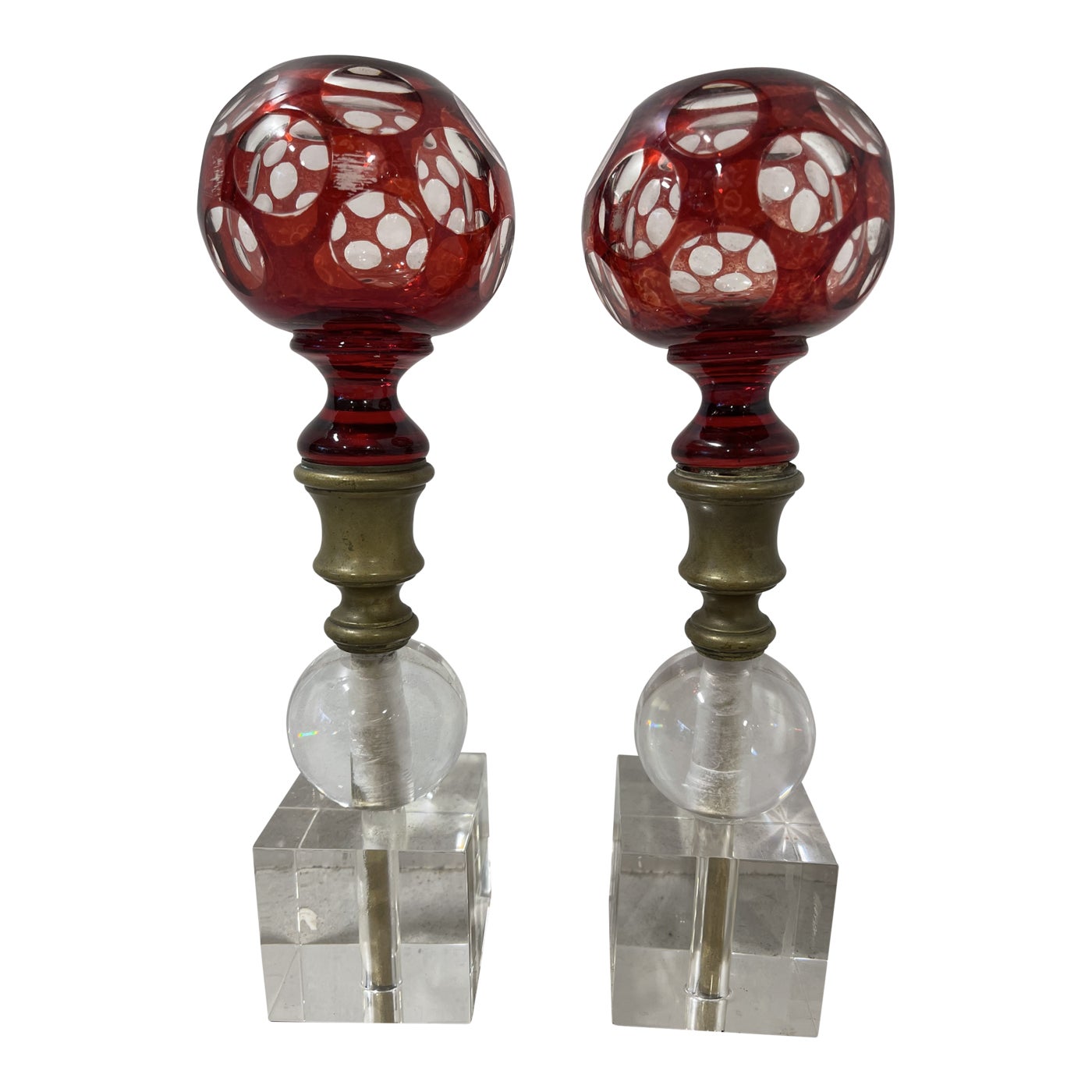 Pair, Antique French Baccarat Style Ruby Cut Glass Newel Post Finials