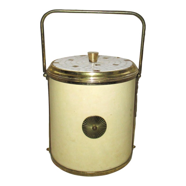 Mid Century Modern 1960s Ice Bucket Glass Line With Brass & Tile Mosaic Top For Sale