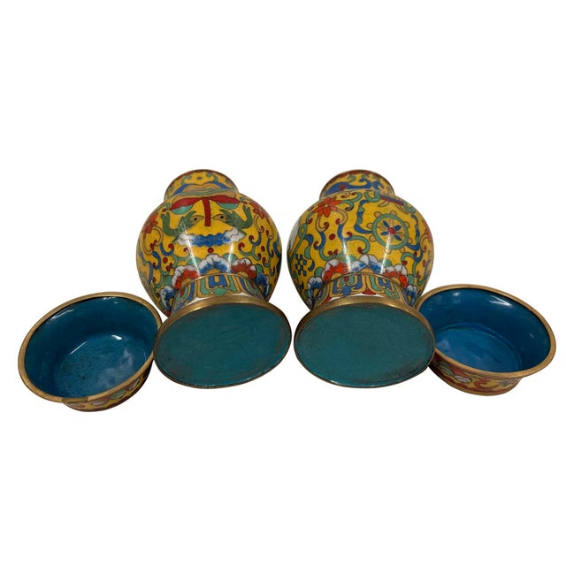 Yellow Mid 20th Century Pair of Chinese Cloisonné Lidded Ginger Jars For Sale - Image 8 of 9