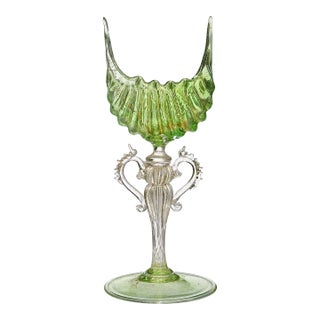 Salviati Venetian Early Murano Antique Green Gold Leaf Italian Art Glass Seashell Goblet Card Holder For Sale