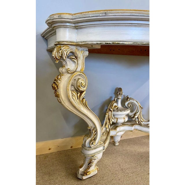 Italian Parcel Paint and Gilt Decorated Faux Marble-Top Console Tables - a Pair For Sale - Image 12 of 13
