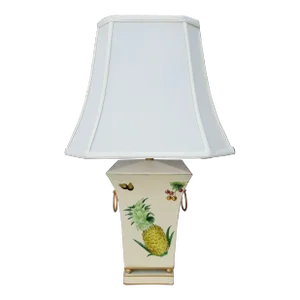 1990s Scully & Scully Style French Country Pineapple and Floral Table Lamp With Silk Shade