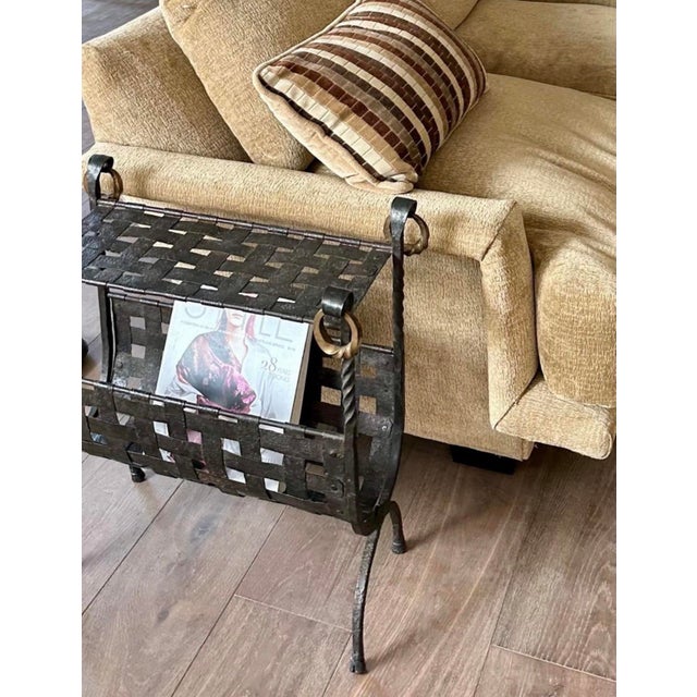 Fabulous Mid-Century style hand-forged iron drink table and magazine holder! Hand-crafted woven iron straps accented with...