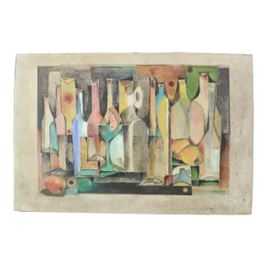 Mid Century Modern Painting on Canvas Featuring Bottles
