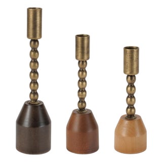 Modern Metal Taper Candle Holder with Birch Base (Set of 3) For Sale