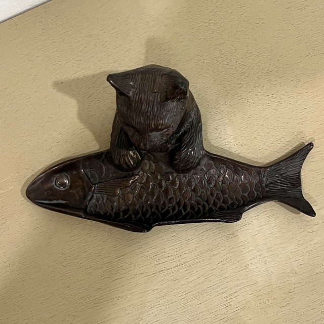 Bronze cat and fish desk top pen / pencil / paperclip or dresser trinket tray. Has many uses in any decor style. Measures...