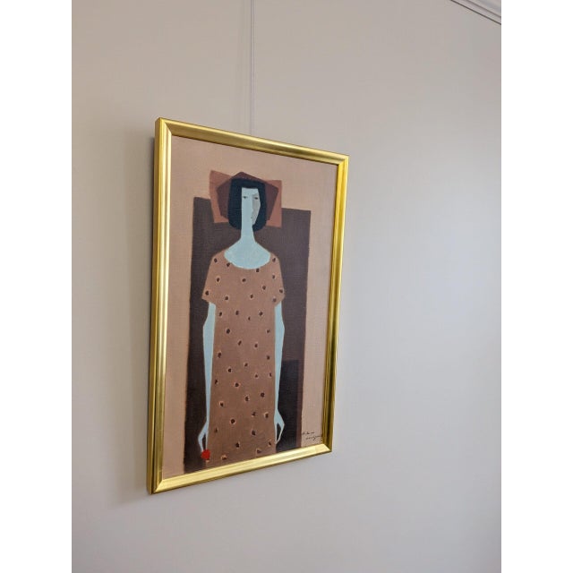 Mid 20th Century Mid-Century Modern 'Woman With a Red Flower' Vintage Figurative Oil Painting by Swedish Artist Fabian Lundqvist (1913-1989), Framed For Sale - Image 5 of 10