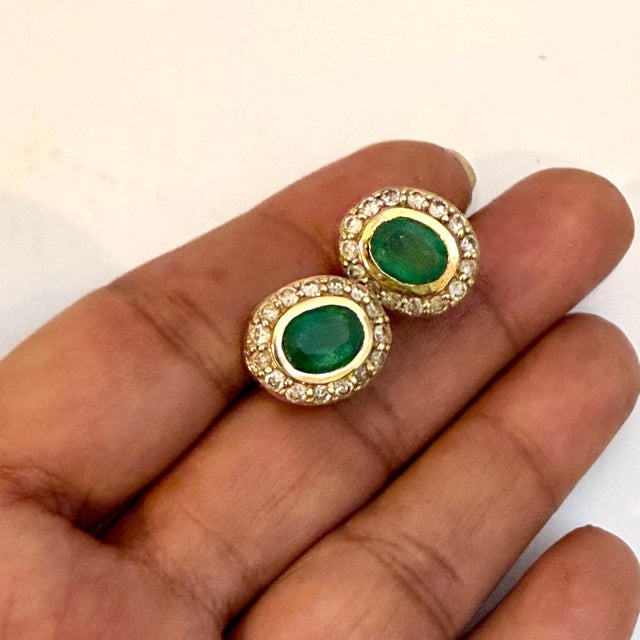 4 Carat Oval Shape Emerald & 1 Ct Diamond Post Back Earrings 14 Kt Yellow Gold For Sale - Image 18 of 18