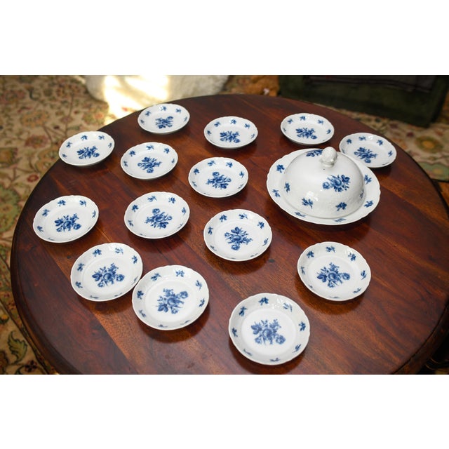 1930s Set of Bavarian Cobalt Rose Round Covered Cheese Dish + 14 Appetizer Dishes Wedding Shower Gift For Sale - Image 4 of 8