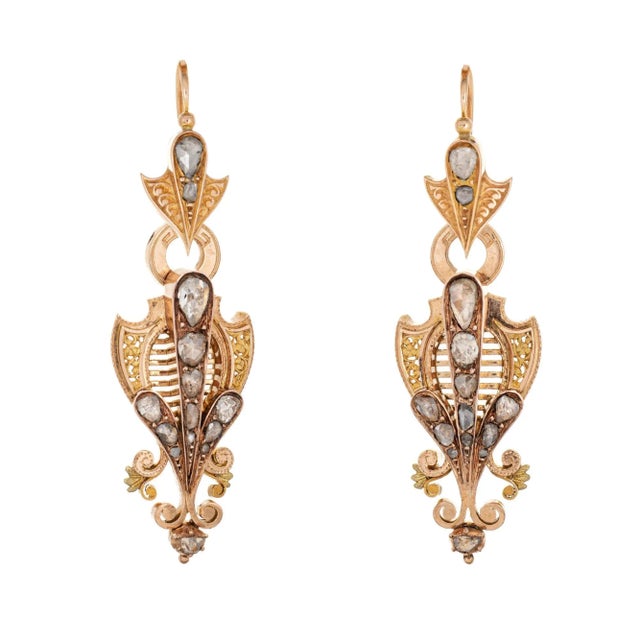 Antique Victorian 2ct Diamond Earrings 14k Yellow Gold Long 2" Drops Day Night - 2 Pieces For Sale - Image 4 of 4