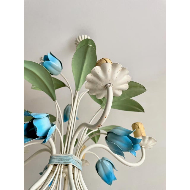 French Blue Tole Tulip 5-Light Chandelier, 1960s For Sale - Image 10 of 18