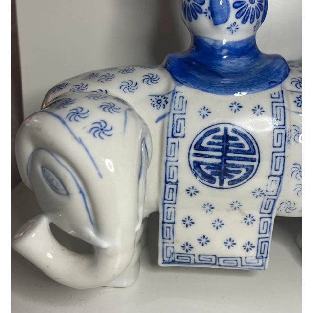 Vintage Chinese Blue & White Porcelain Elephant Candlesticks With Shou Symbols – Pair For Sale - Image 4 of 7