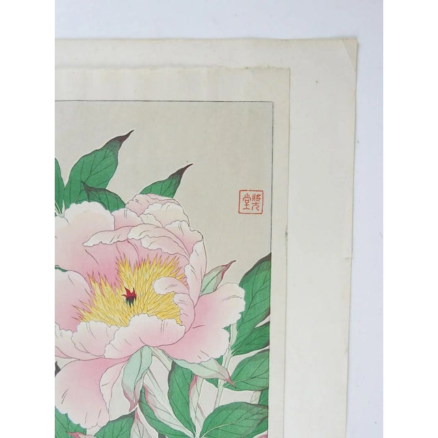Vintage circa 1950's Kawarazaki Shodo pink Peony woodblock print. Unframed, displayed tipped onto cardstock backing, print...