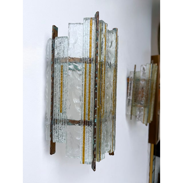 Pair of Hammered Glass Wrought Iron Sconces by Longobard, Italy, 1970s For Sale - Image 11 of 12