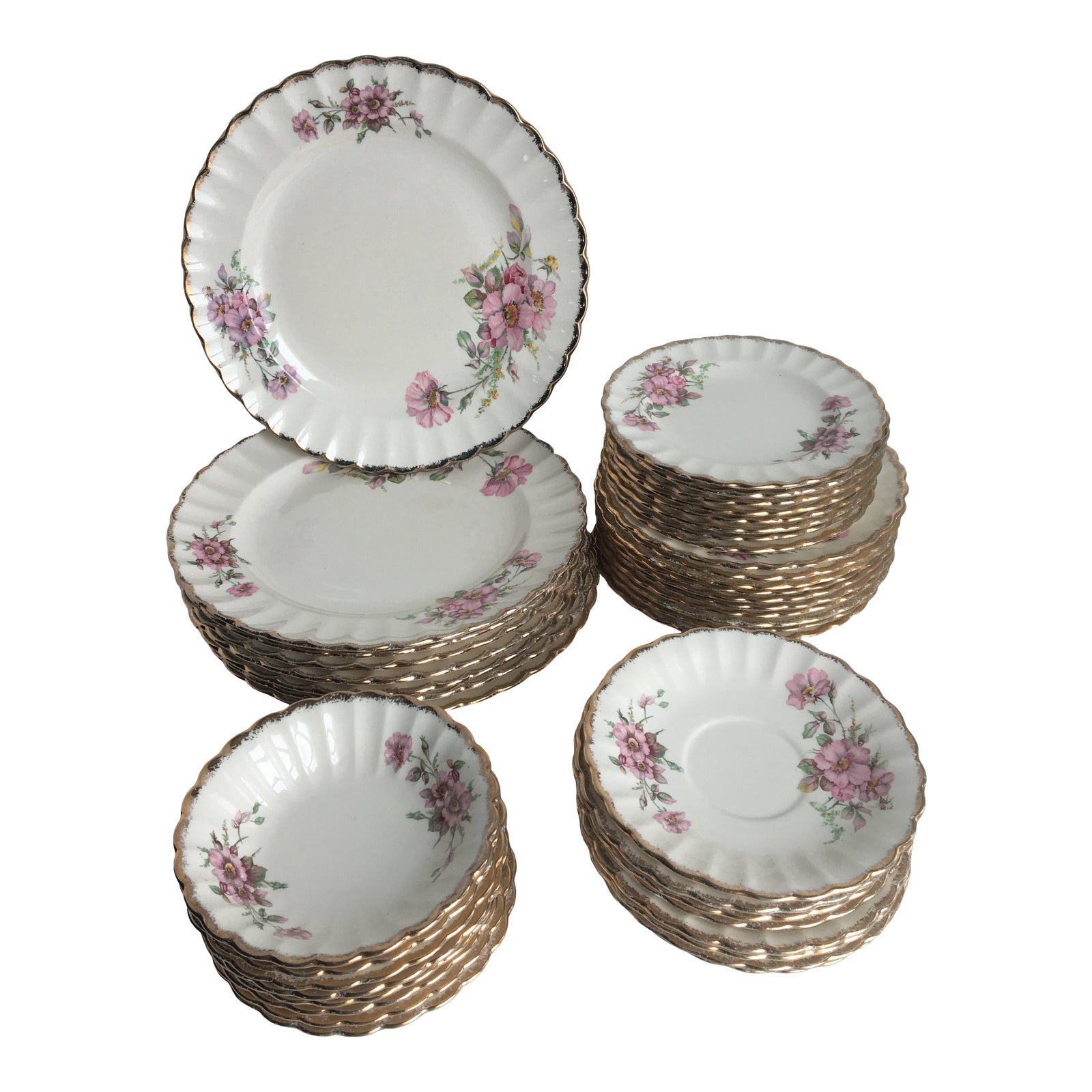 1930s American Limoges Wild Rose with 22k Gold Trim Dinnerware Set of
