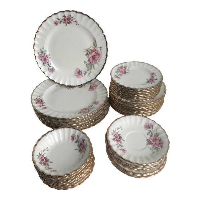 1930s American Limoges Wild Rose with 22k Gold Trim Dinnerware Set of