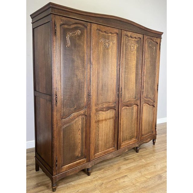 Vintage French Louis XVI Style Carved Oak 4-Door Wardrobe For Sale - Image 5 of 18