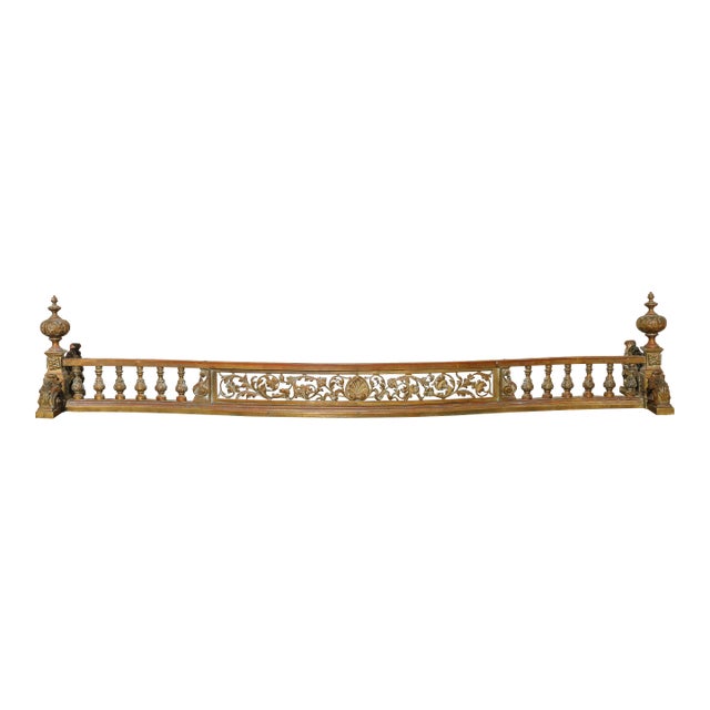 Antique 19th Century French Bronze Fireplace Fender | Ornate Victorian Hearth Guard With Scrollwork & Balustrade For Sale