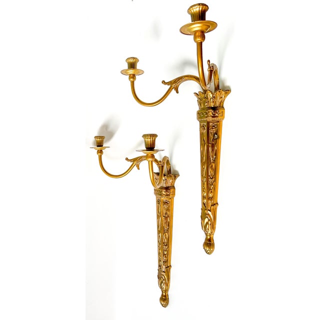 Hollywood Regency Pair of Vintage Neoclassical Double-Arm Wall Candle Sconces – Gold Gilt or Brass-Plated For Sale - Image 3 of 12
