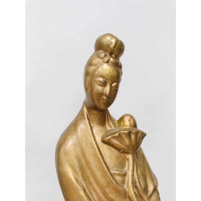 Ceramic Mid-Century Modern Golden Kwan-Yin Goddess Statue For Sale - Image 7 of 9