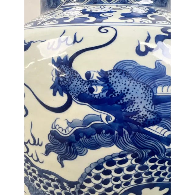 Ceramic Imperial Chinese Qing Dynasty Style Blue & White Dragon Porcelain Vase For Sale - Image 7 of 10