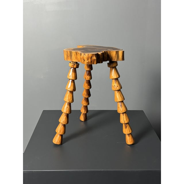 Mid-Century Brutalist French Artisanal Handmade Wood Turned Tripod Stool, 1960s For Sale - Image 6 of 17