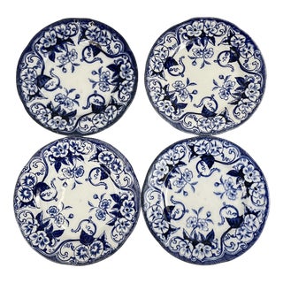 19th Century Blue Earthenware Flora Dessert Plates from Creil and Montereau, Set of 4 For Sale