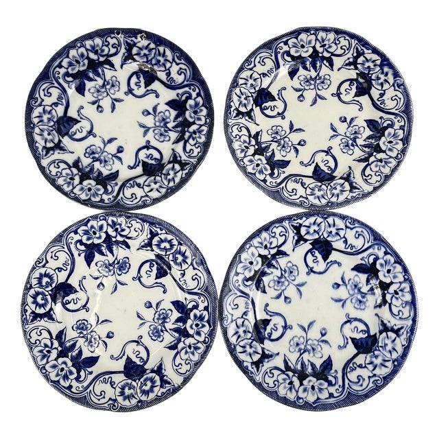 19th Century Blue Earthenware Flora Dessert Plates from Creil and Montereau, Set of 4 For Sale