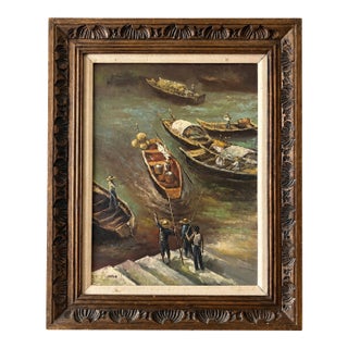 Original Signed “Sher” Oil on Canvas – Harbor Fishing Village With Men & Boats – Framed, 31.25” X 26” For Sale