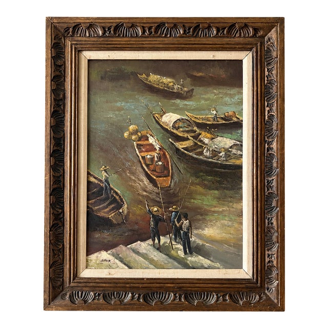 Original Signed “Sher” Oil on Canvas – Harbor Fishing Village With Men & Boats – Framed, 31.25” X 26” For Sale