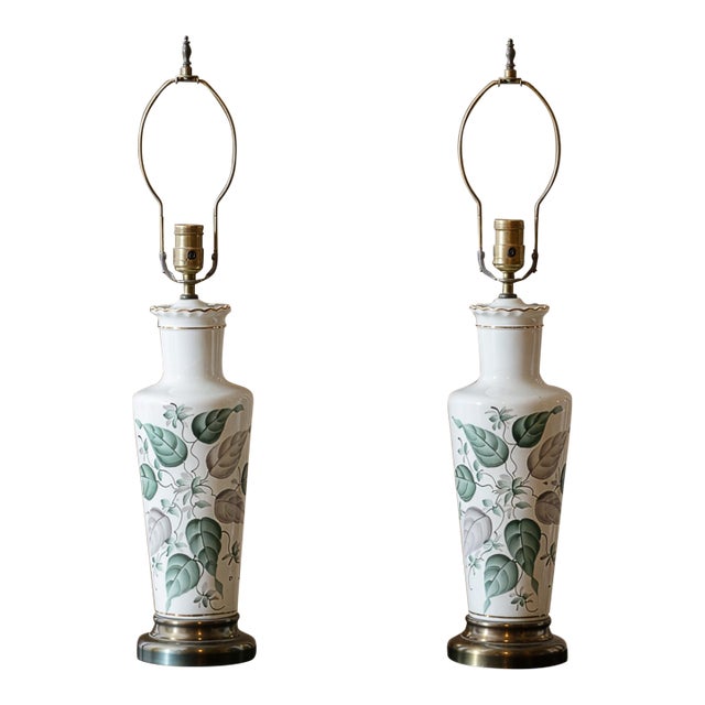 1970s Pair of Vintage Hand-Painted Porcelain Leaf Lamps For Sale