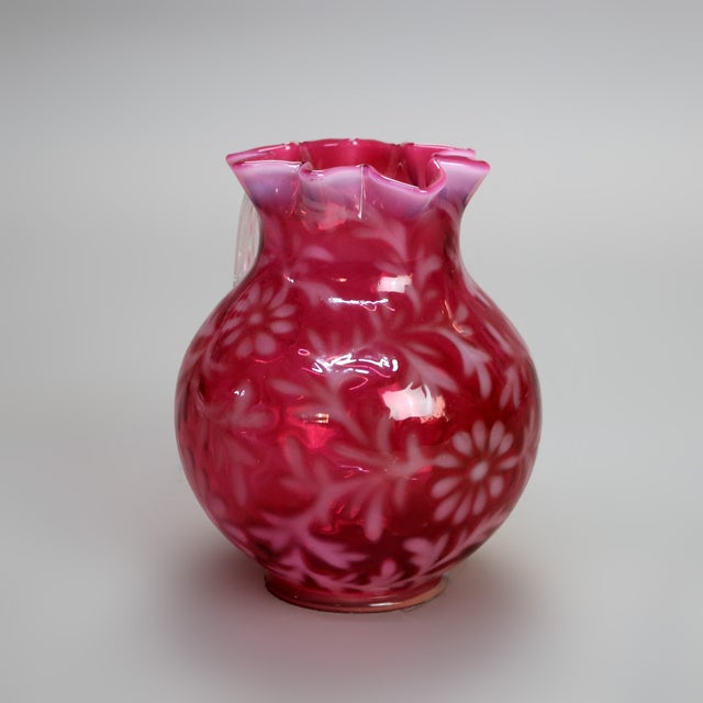 Antique Victorian Cranberry and Opalescent Glass Pitcher with Ruffled Rim, Circa 1900 For Sale - Image 4 of 6