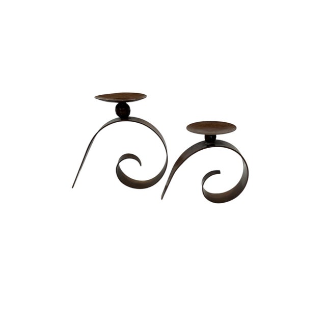Abstract Vintage Modern Style Brutalist Hand Wrought Iron Abstract Candleholders- A Pair For Sale - Image 3 of 3