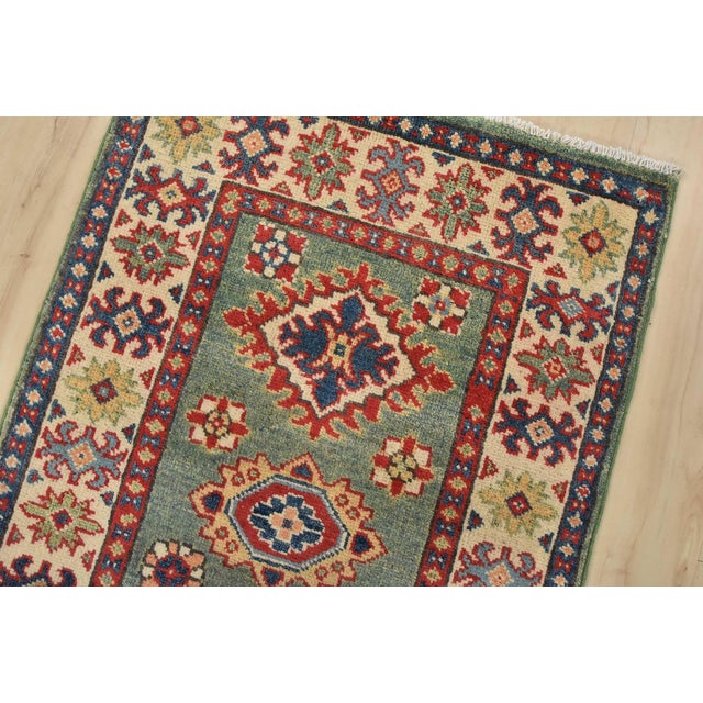 Kazak Runner 2’3” X 6′ Green Wool Tribal Hand-Knotted Oriental Rug For Sale In Philadelphia - Image 6 of 11