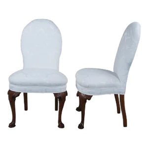 Early 20th Century Antique Queen Anne Style Carved Mahogany Silk Brocade Dining Side Chairs- Set of 2