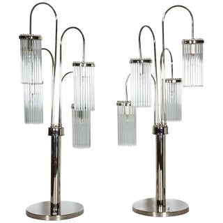 Modernist Tall Polished Nickel and Glass Rod Table Lamps - a Pair For Sale