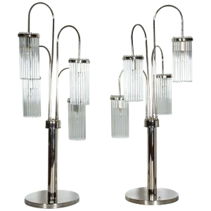 Modernist Tall Polished Nickel and Glass Rod Table Lamps - a Pair
