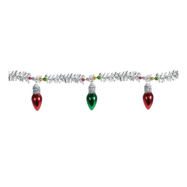 Add a nostalgic pop of holiday cheer with this Vintage Light Bulb Tinsel Garland Set. Featuring shimmering silver tinsel...