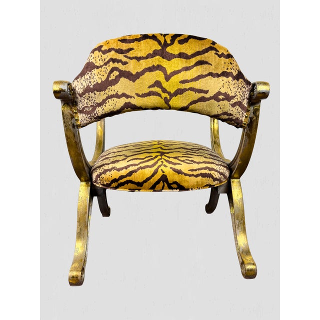 Textile Vintage Curule Style Chair Pair Newly Upholstered Silk Tiger Velvet For Sale - Image 7 of 15