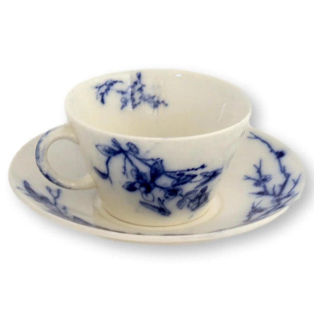 English Late 19th Century Flow Blue "Bluebird" Cup & Saucer Set- 2 Pieces For Sale - Image 3 of 5