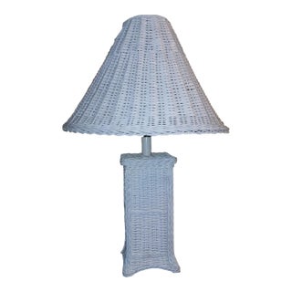 Vintage Boho Woven Wicker Rattan Table Lamp With Large Wicker Shade For Sale
